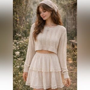 Lovers & Friends Crop Pointelle Knit Sweater Coquette Feminine Prep Ivory Sz S